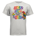 White t-shirt with colorful pride graphic and text saying Jesus Loved Judas and you can't love a Drag Queen