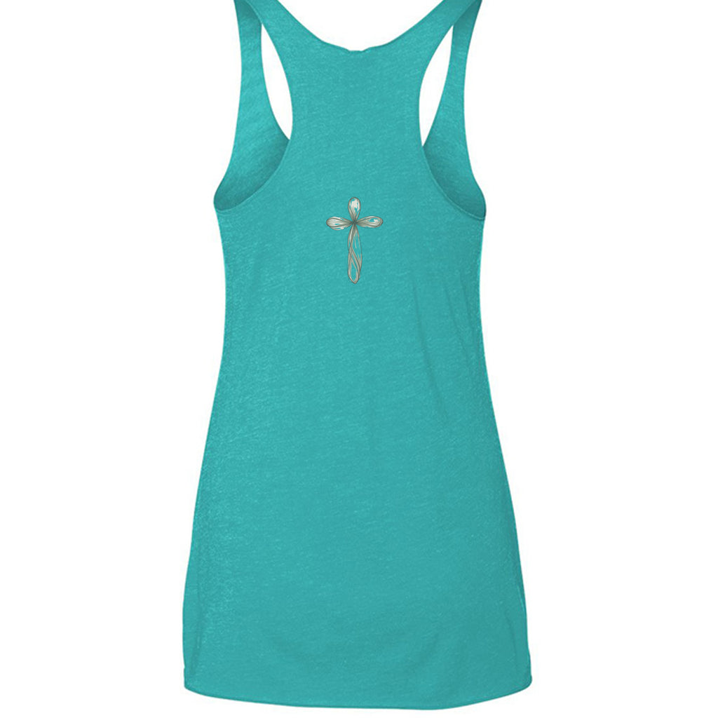 Teal tank top with cross on the back