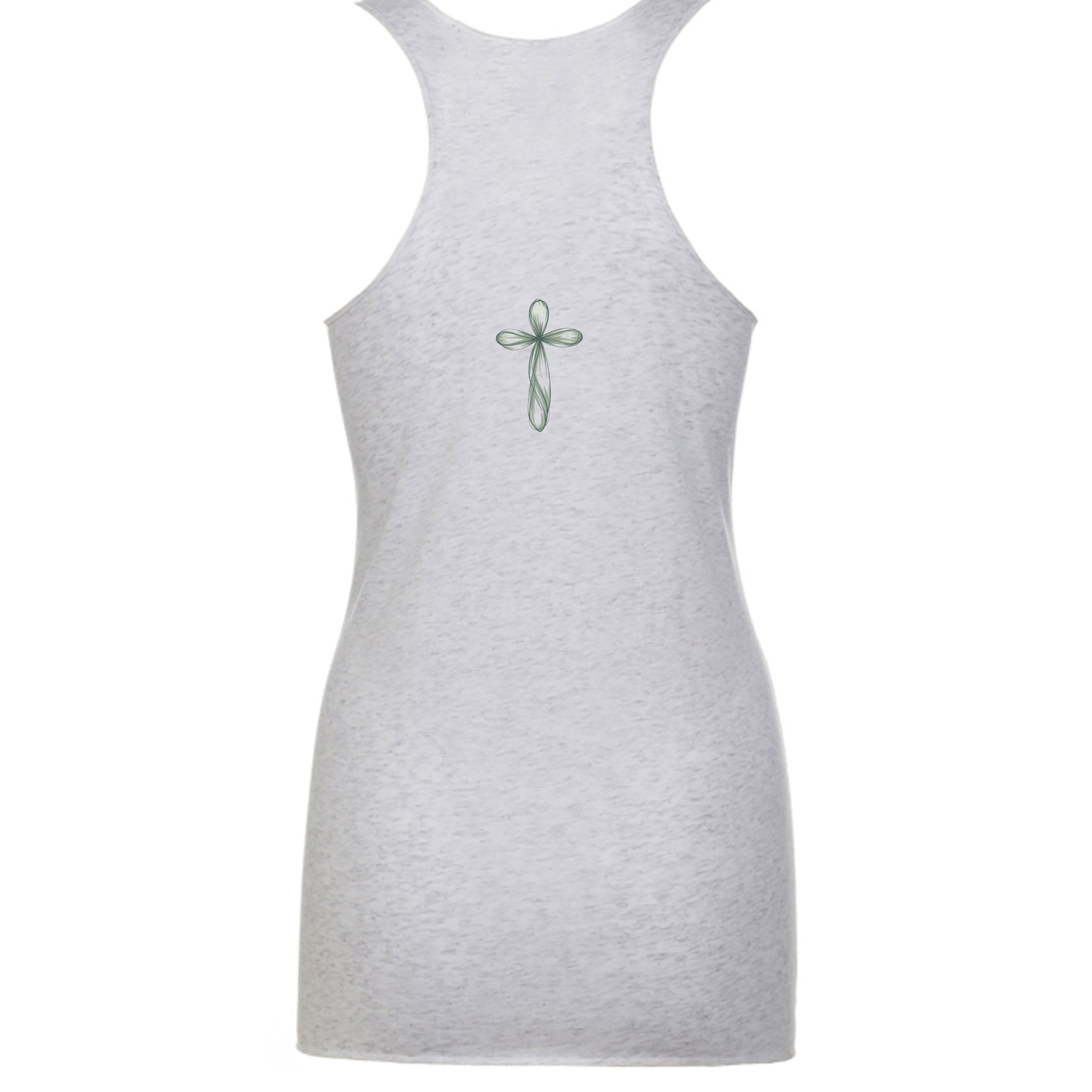 Gray tank top with a green cross design on the back