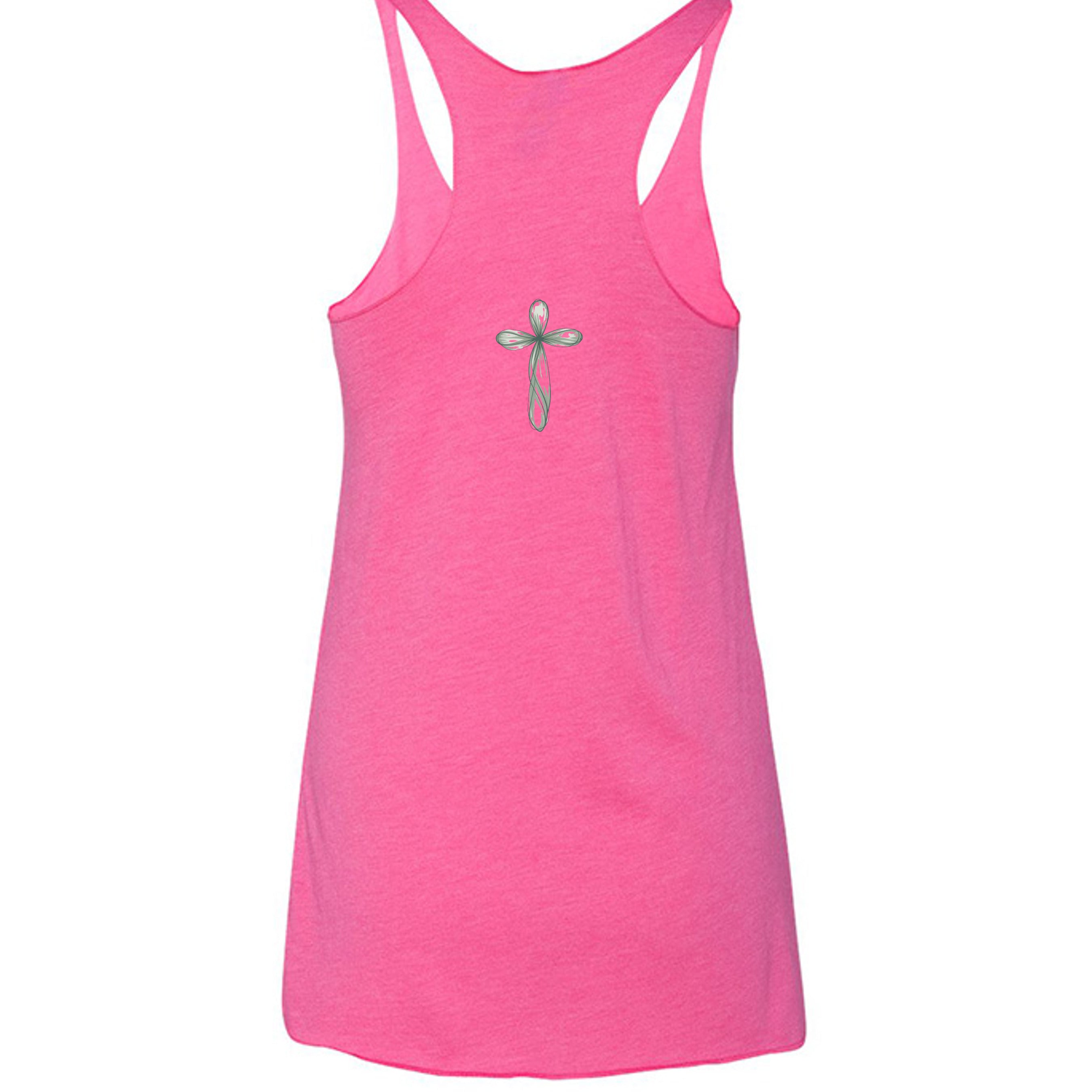 Pink tank top with a silver cross design on the back 
