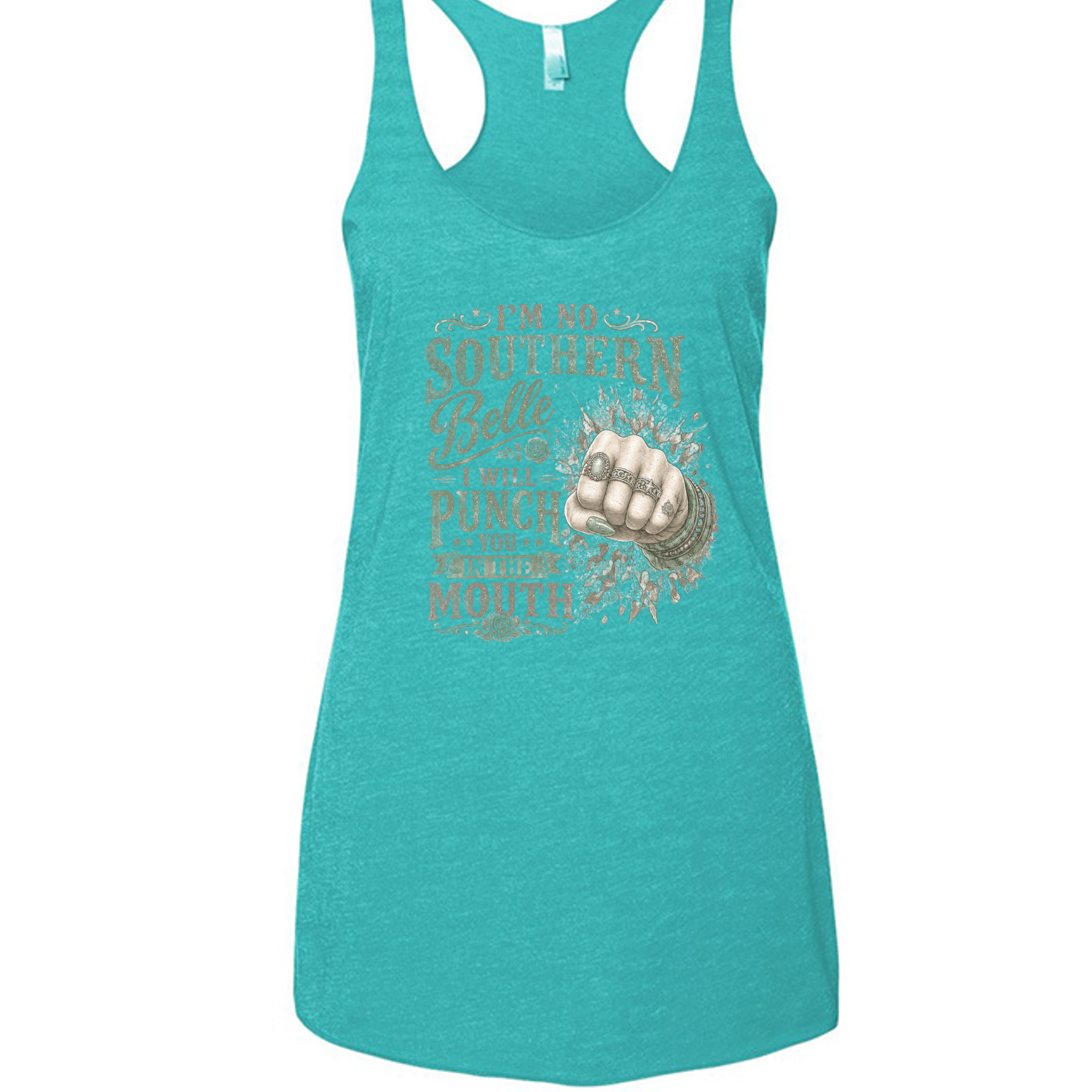 Tahiti Blue -racerback tank top featuring a vintage-style graphic and the phrase "I'm No Southern Belle, I Will Punch You in the Mouth."