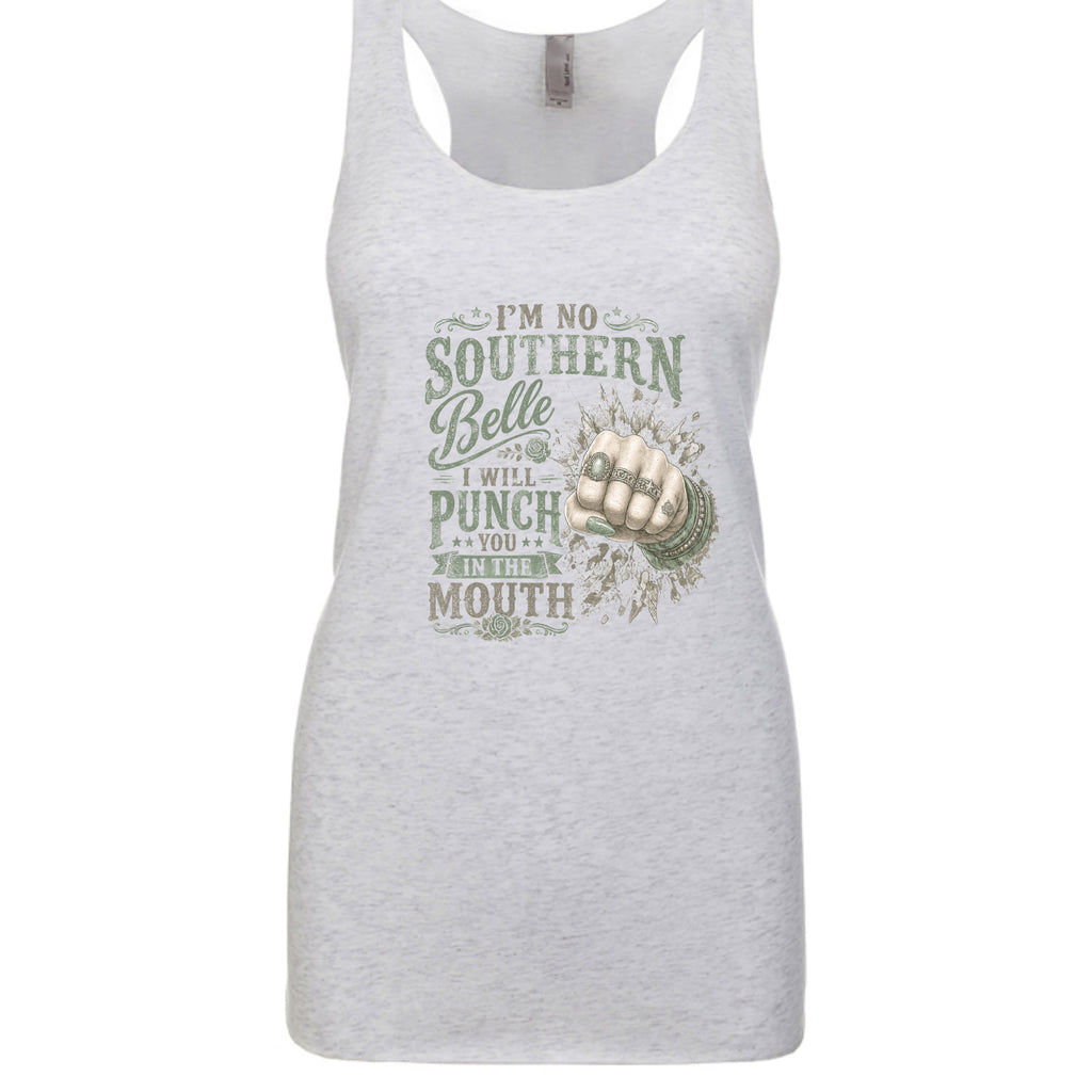 Heather White - racerback tank top featuring a vintage-style graphic and the phrase "I'm No Southern Belle, I Will Punch You in the Mouth."
