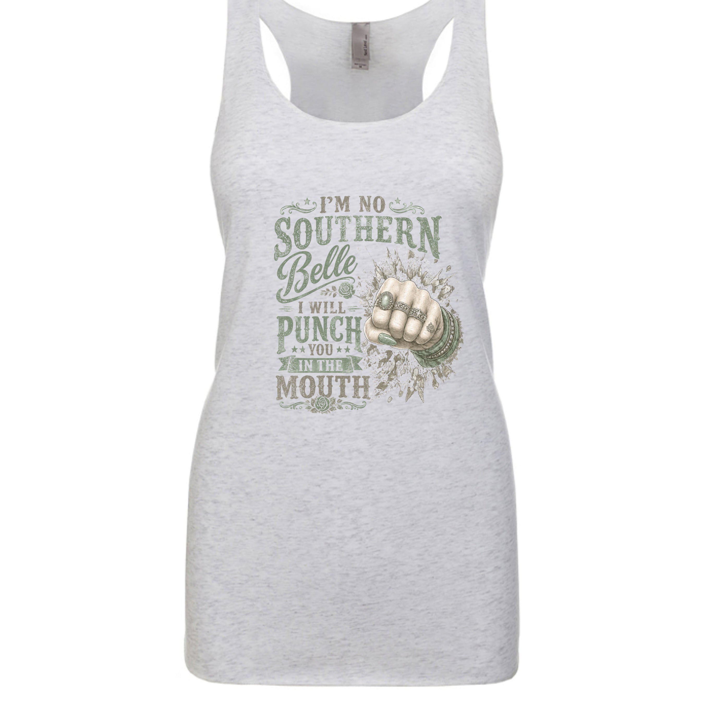 Heather White - racerback tank top featuring a vintage-style graphic and the phrase "I'm No Southern Belle, I Will Punch You in the Mouth."