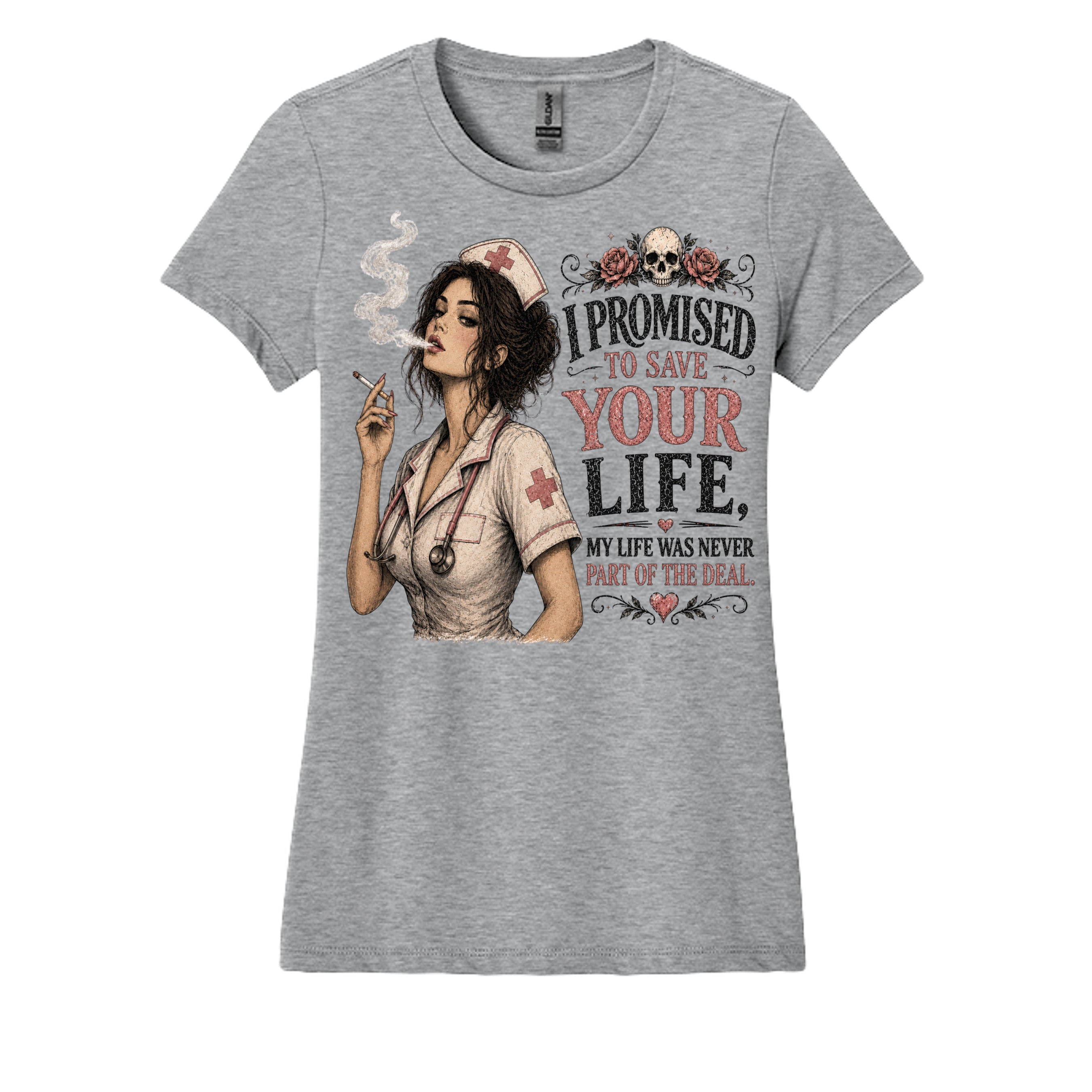 SPORT GREY - nurse-themed graphic t-shirt featuring vintage artwork and the phrase "I Promised to Save Your Life, My Life Was Never Part of the Deal."