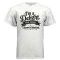 Black distressed vintage typography shirt design reading “I’m a Delight. Ask Anyone I Haven’t Blocked.” with a retro banner and decorative accents.