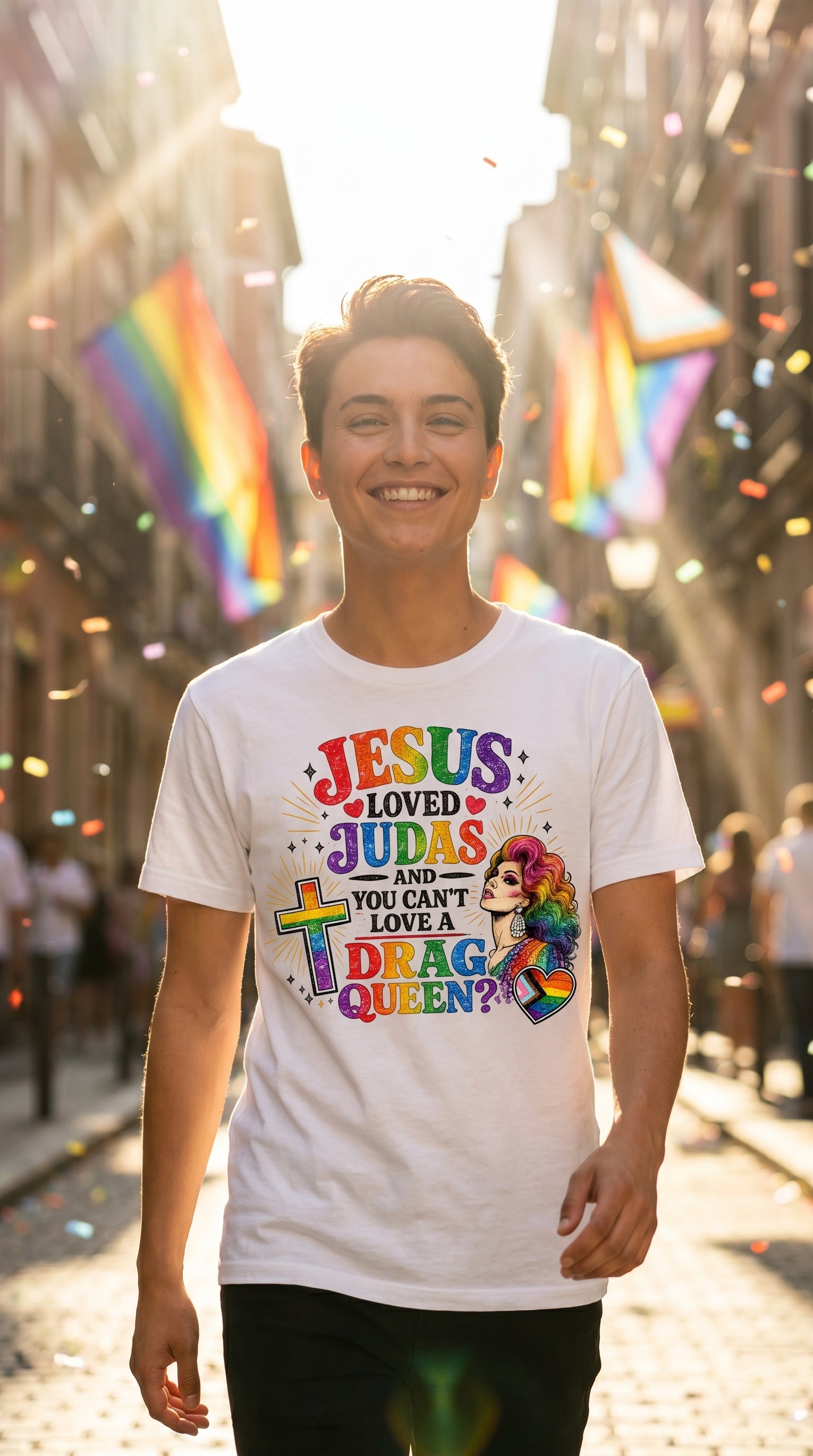 Person wearing a white Pride-themed t-shirt featuring rainbow lettering, a drag queen illustration, and the phrase "Jesus Loved Judas and You Can't Love a Drag Queen?" while walking through a Pride celebration